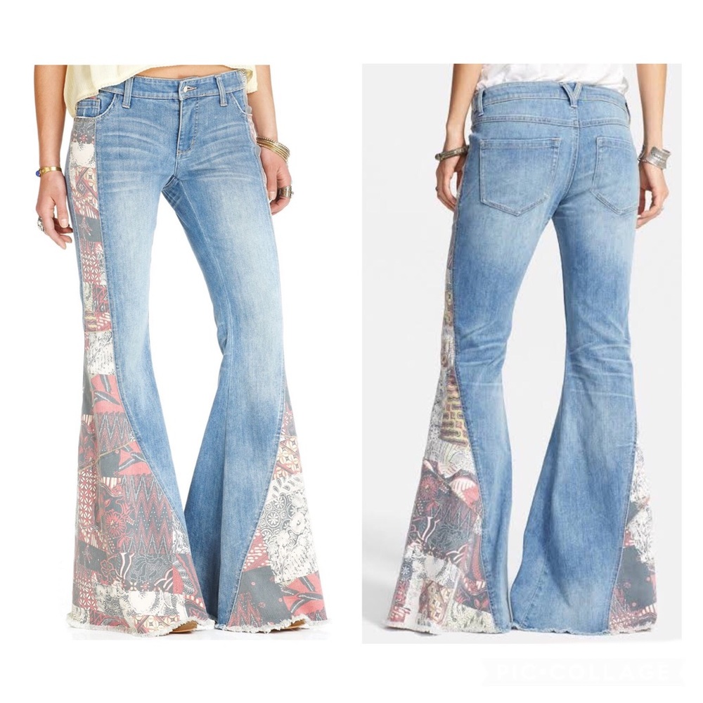 Free People Women's Boho Patchwork Print Hippie Flared Jeans Denim Flares 25